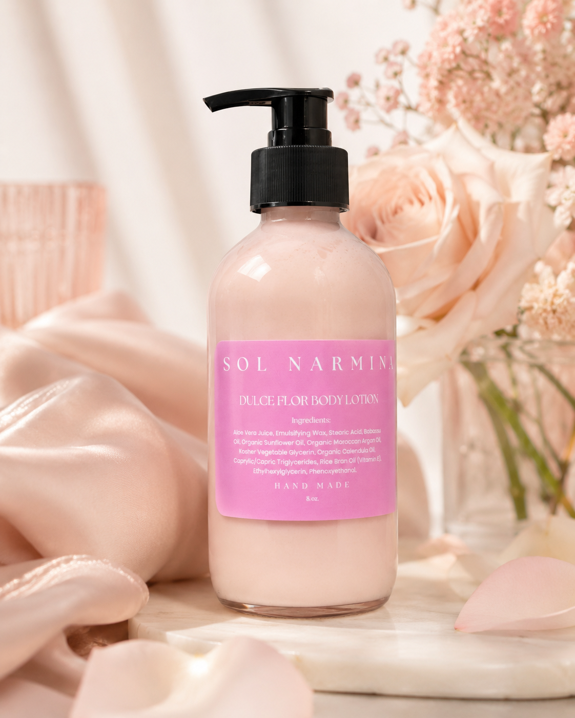 Sol Narmina Dulce Flor Body Lotion standing with soft floral styling