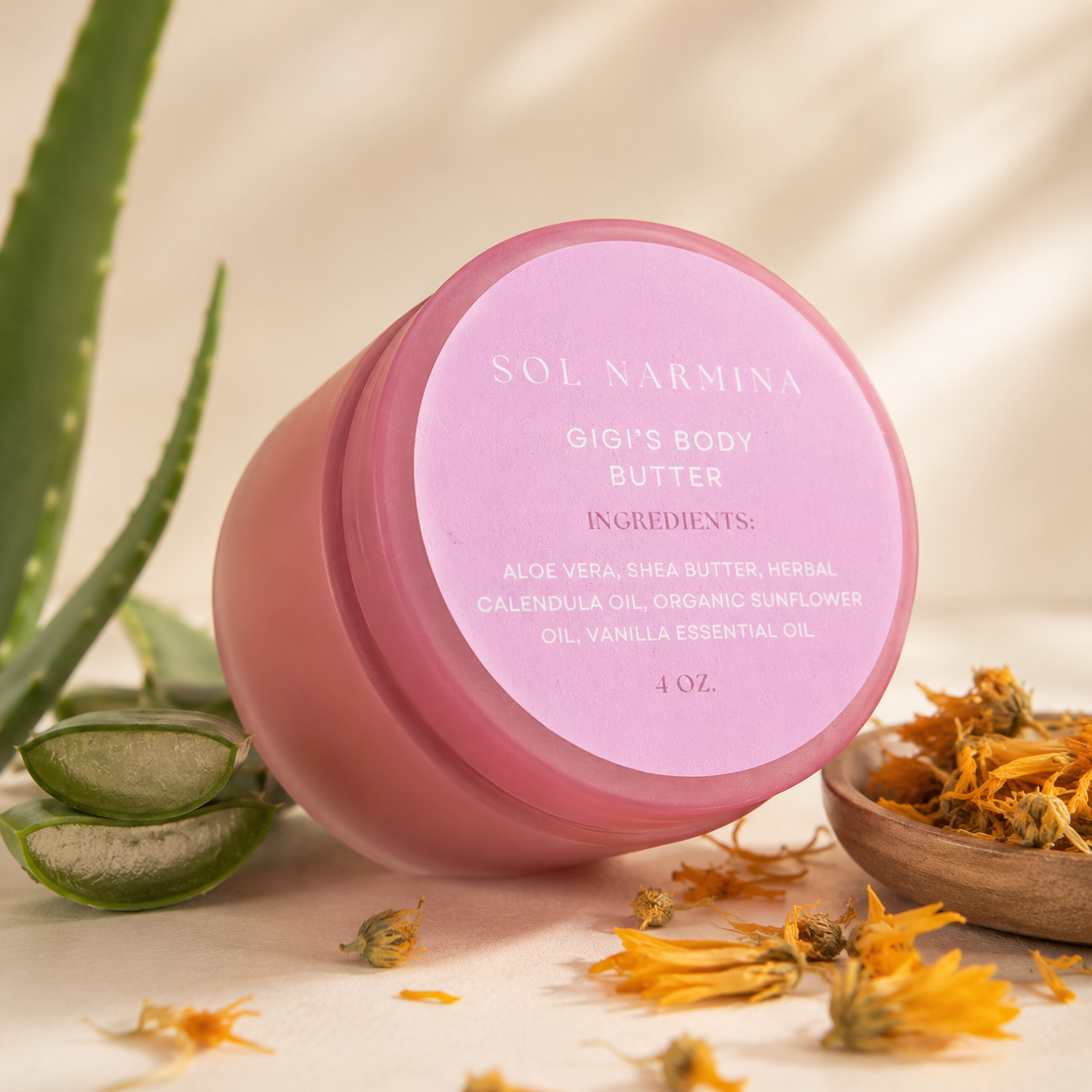Sol Narmina Gigi's Body Butter with aloe vera and calendula on nude background