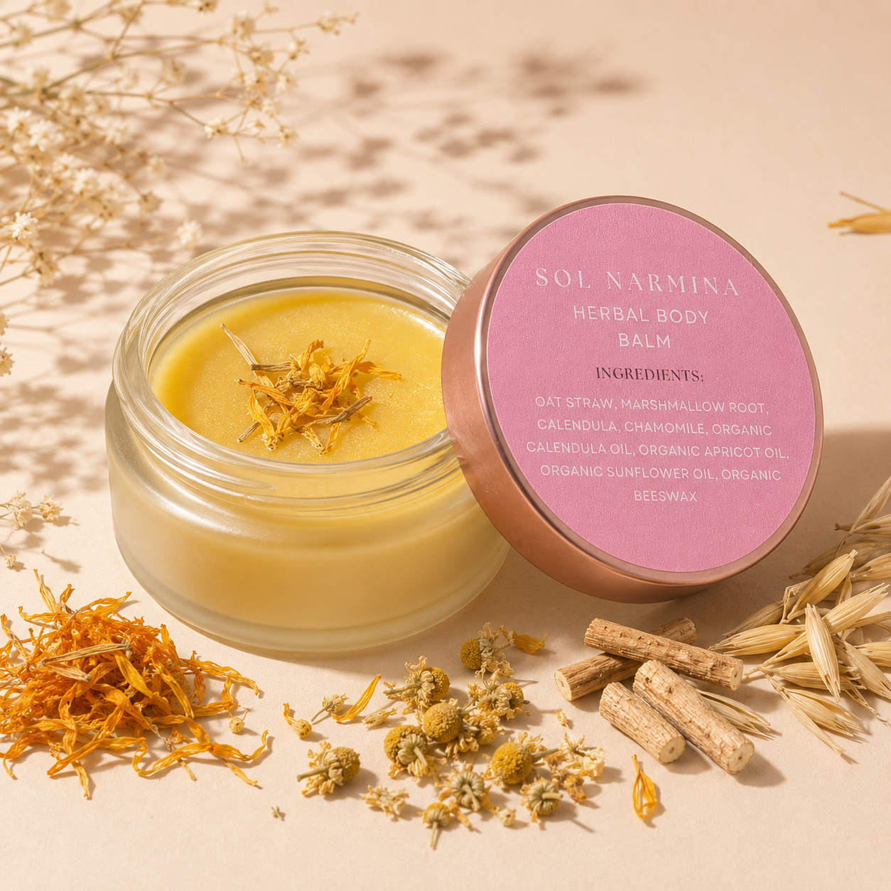 Sol Narmina Herbal Body Balm with calendula, chamomile, oat straw, and marshmallow root