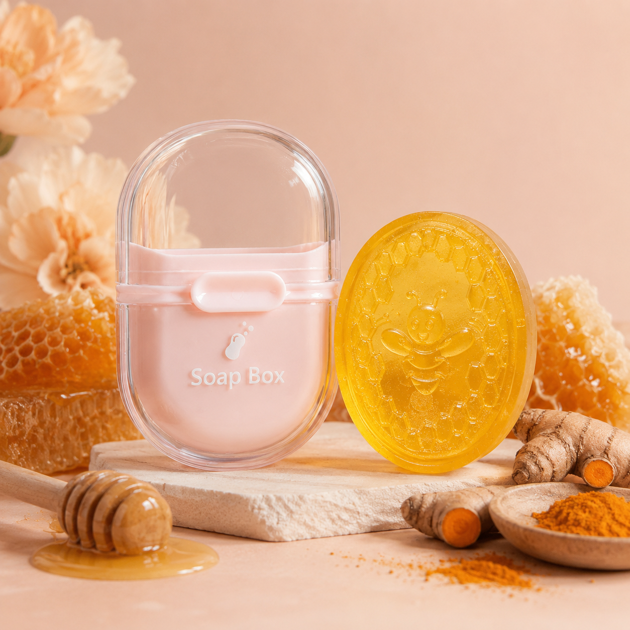 Sol Narmina Honey Turmeric Facial Soap and pink soap container product photo