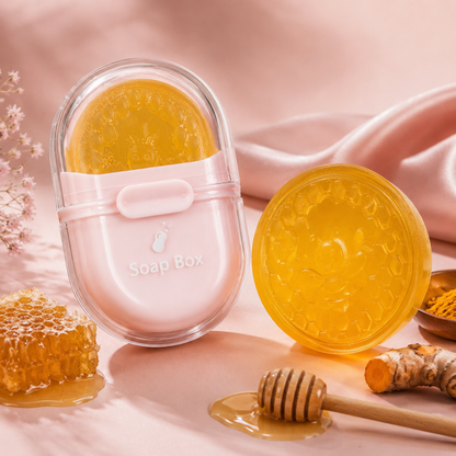 Sol Narmina Honey Turmeric Facial Soap Bar with pink soap container