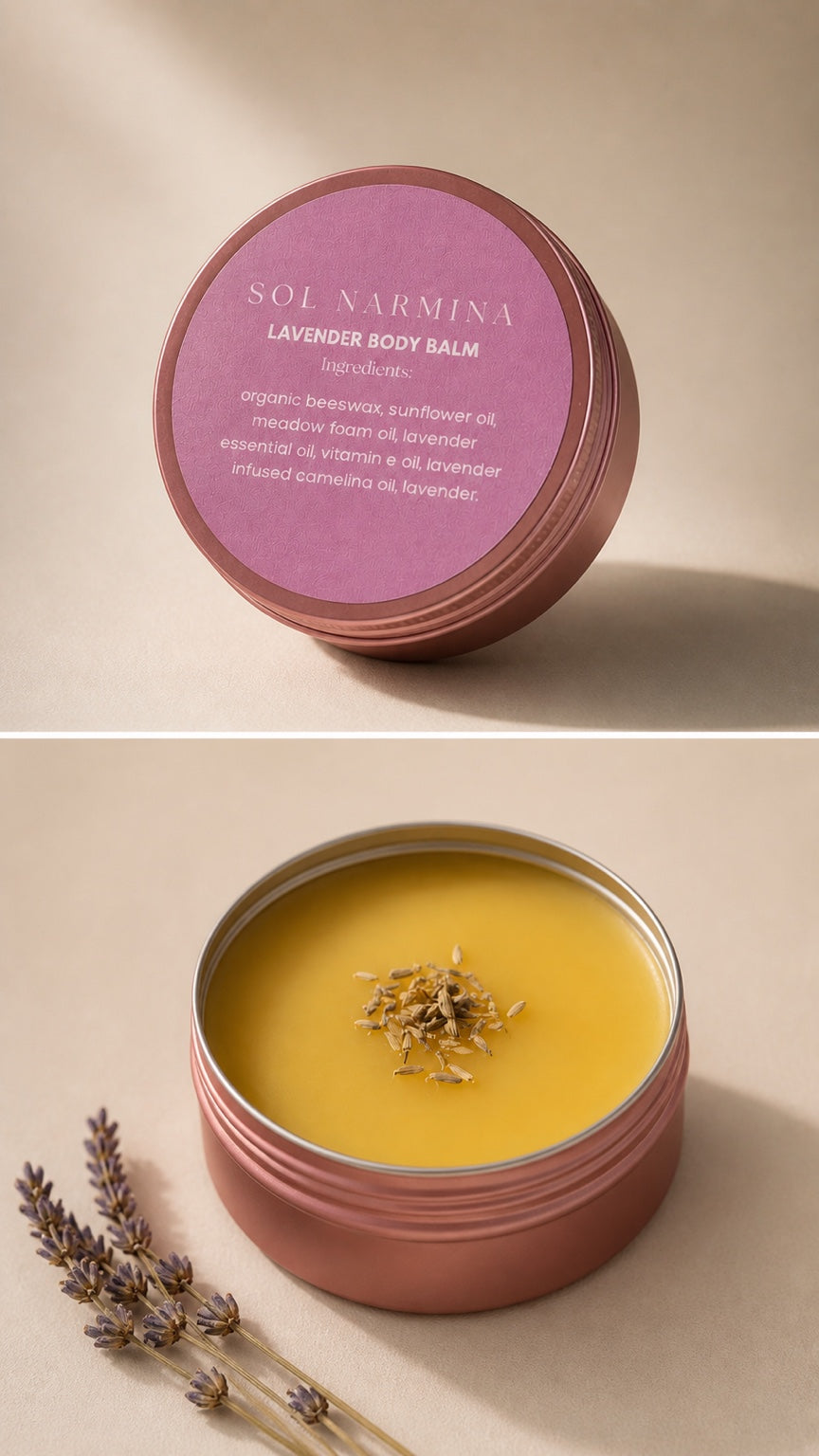 Sol Narmina Lavender Body Balm in rose-gold tin with lavender sprigs