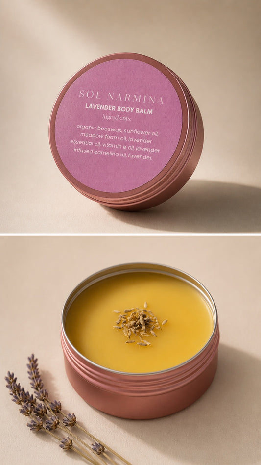 Sol Narmina Lavender Body Balm in rose-gold tin with lavender sprigs
